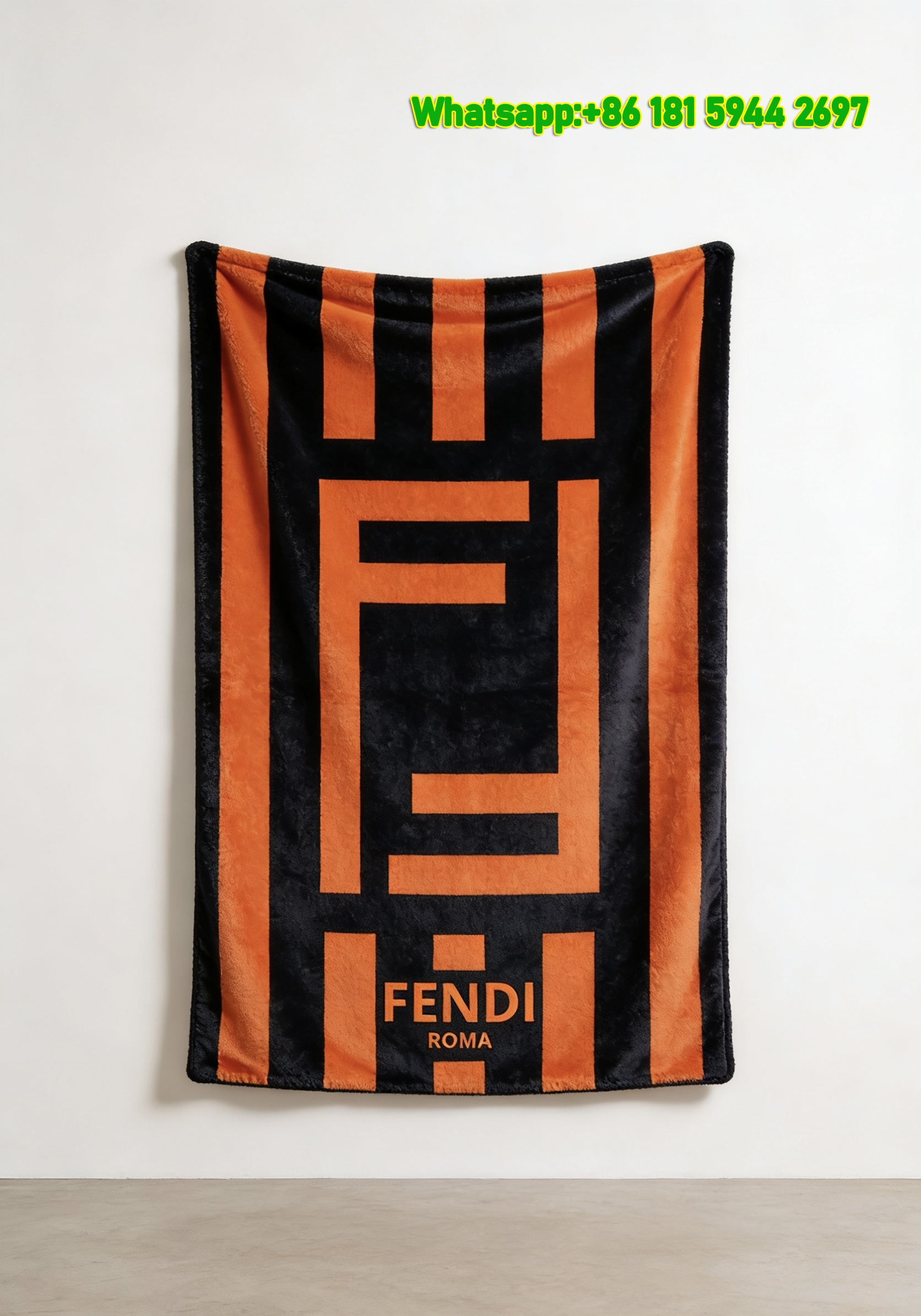 Dark Green & Bright Orange Fendi Roma Flannel Throw Blanket Geometric Logo IMG_9321
